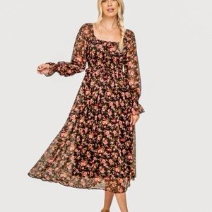 Black Floral Chiffon Smocked Waist Midi Dress Small